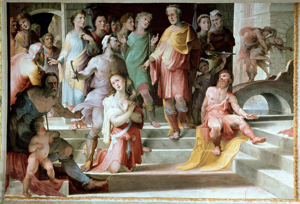 O sacrifício de Seleucos de Locres (Seleucus de Locride) Seleucos para cegar seu filho, a fim de puni-lo por um estupro que cometeu, prefere morrer com um dos olhos. Fresco por Domenico di Giacomo di Pace dit Beccafumi (1486-1551) 1529-1535 Siena, Pala de Domenico Beccafumi