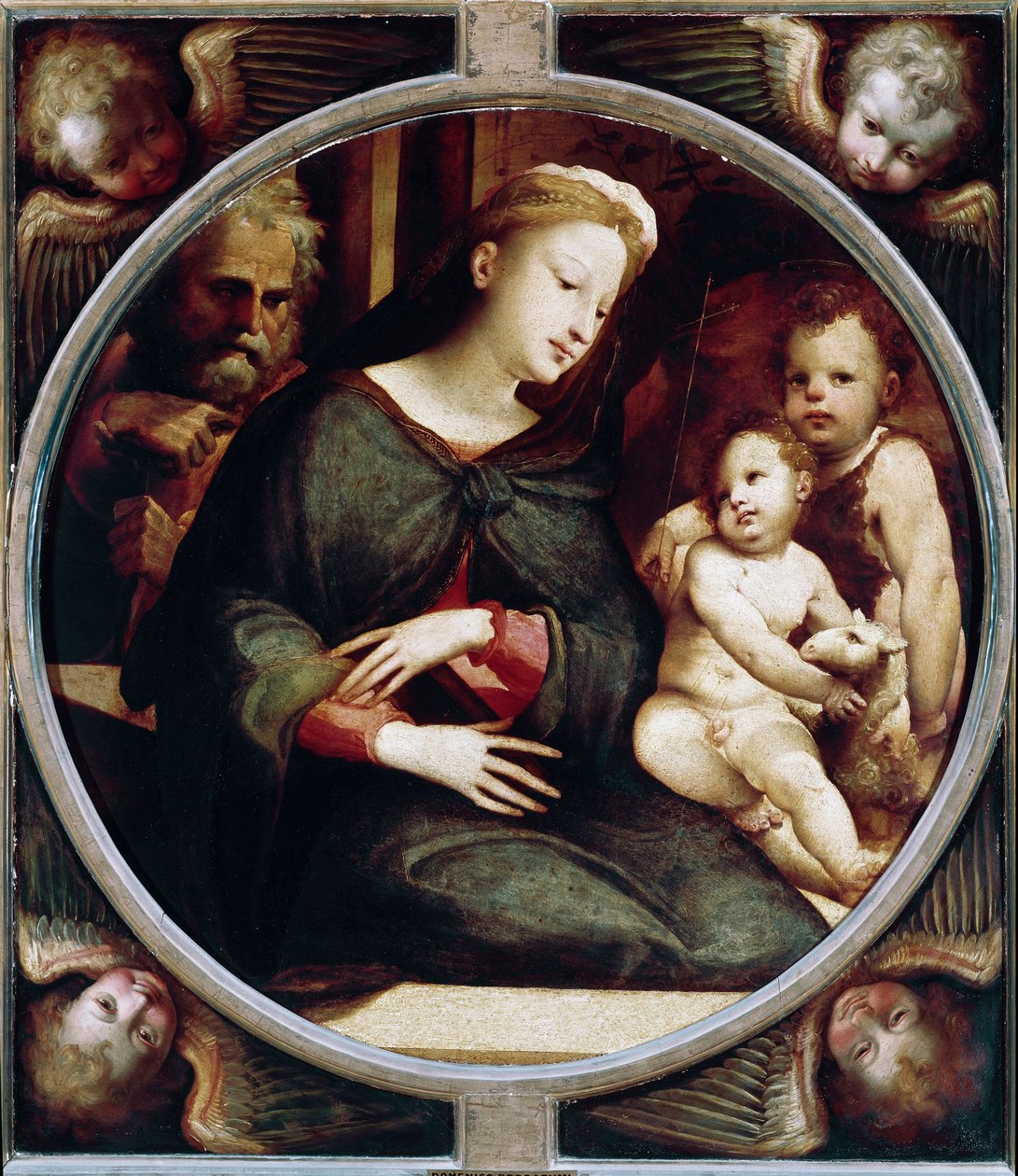 O Tondo rodeia os anjos com a Sagrada Família com São João Batista. Pintura de Domenico Beccafumi (1486-1551), cerca de 1521-1522. madeira. Diâmetro: 88 cm. Itália, Florença, Palácio Pitti, Galeria Palatino. Firenze, Palazzo Pitti, Galleria Palatina. de Domenico Beccafumi