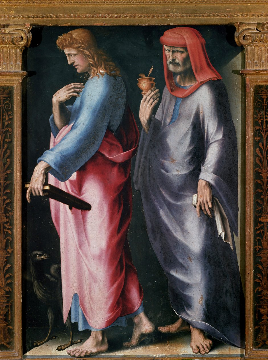 Tríptico da Santíssima Trindade, Painel direito detalhado (São João Evangelista e São Damien). Pintura de Domenico Beccafumi (1486-1551) de Domenico Beccafumi