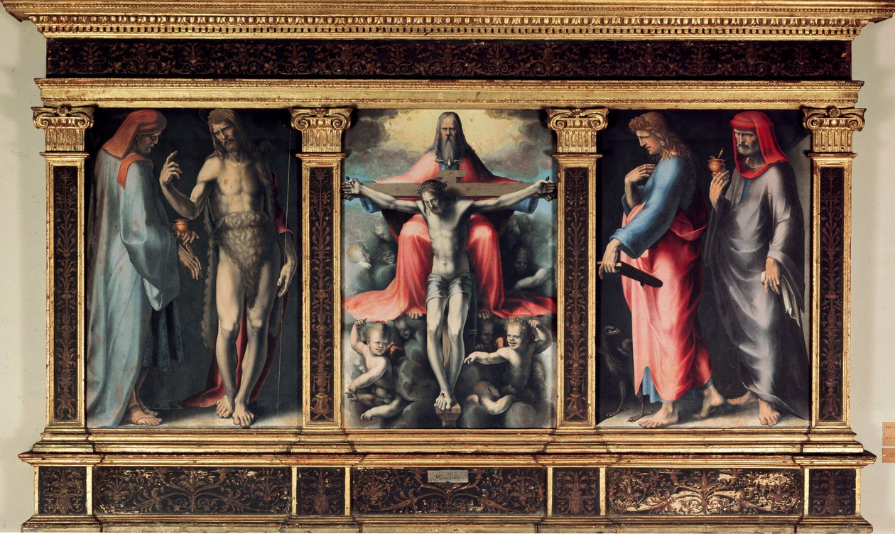 Tríptico da Santíssima Trindade: São Cosimo (Vem ou Cosimo), São João Baptista, a Trindade, São João Evangelista e São Damien. Inserção "INRI" na cruz. Pintura de Domenico Beccafumi (1486-1551) de Domenico Beccafumi