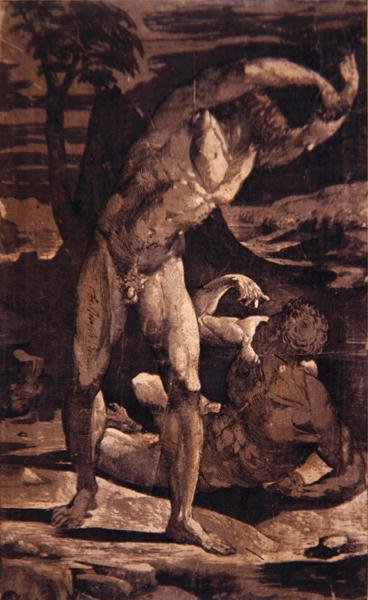 Dois nus masculinos em uma paisagem, c.1540-80 (gravura e bloco de madeira) de Domenico Beccafumi