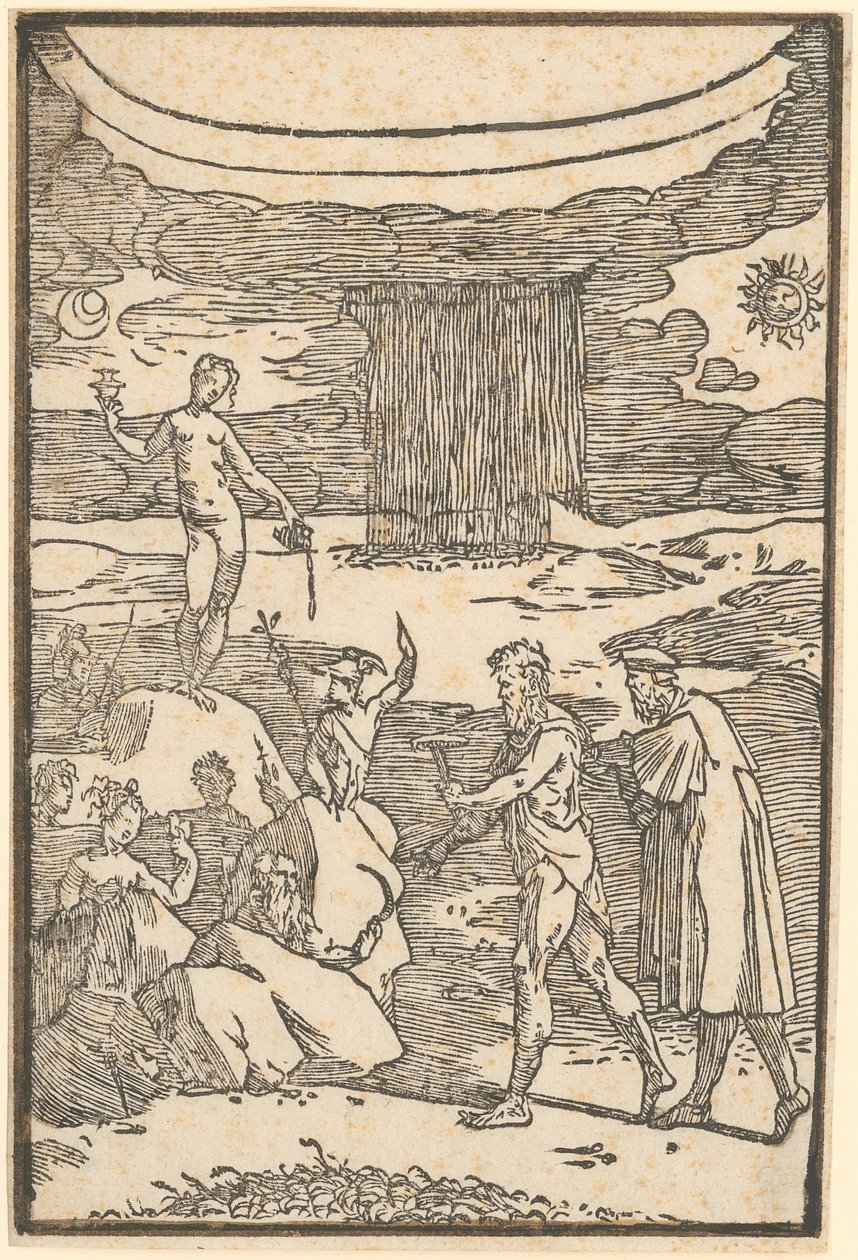 Vulcano e o Filósofo (Teoria) partem em busca dos metais aprisionados nas rochas, folha 2 da série «De la Pirotechnia» de Domenico Beccafumi