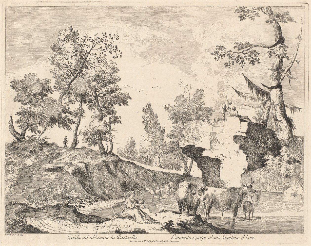 Paisagem com pastora e rebanho em um bebedouro de Domenico Bernardo Zilotti