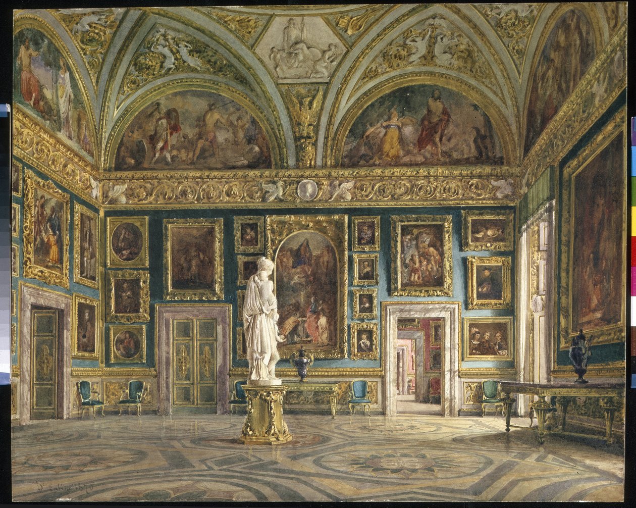O Salão da Ilíada (Galeria Palatina) do Palácio Pitti em Florença (Itália) (O Salão da Ilíada no Palácio Pitti em Florença). Pintura de Domenico Caligo (?-1880), óleo sobre tela. Arte italiana, segunda metade do século XIX, neoclassicismo. Estado Ele de Domenico Caligo