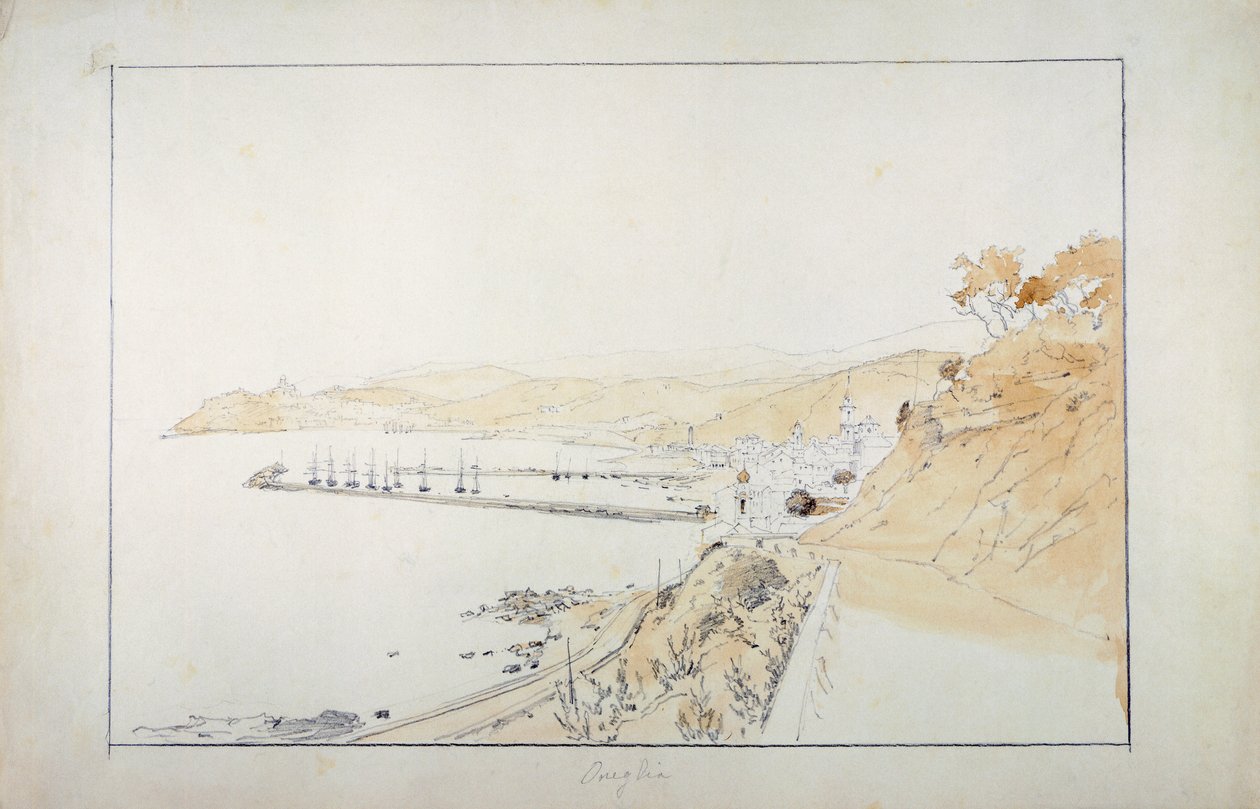 Porto Maurizio visto de Oneglia, ca 1859,por Pasquale Domenico Cambiaso (1811-1894), Itália Lápis e aguarela. de Domenico Cambiaso