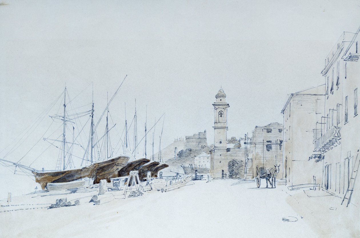 Vista de Armas em Taggia, ca 1860, por Pasquale Domenico Cambiaso (1811-1894), Itália Lápis e aguarela. de Domenico Cambiaso