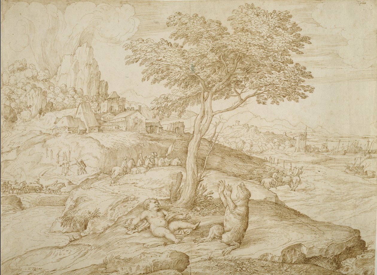 Transformação de Callistos em um urso após dar à luz a Arcas, c.1558 (caneta e tinta marrom sobre papel creme) de Domenico Campagnola