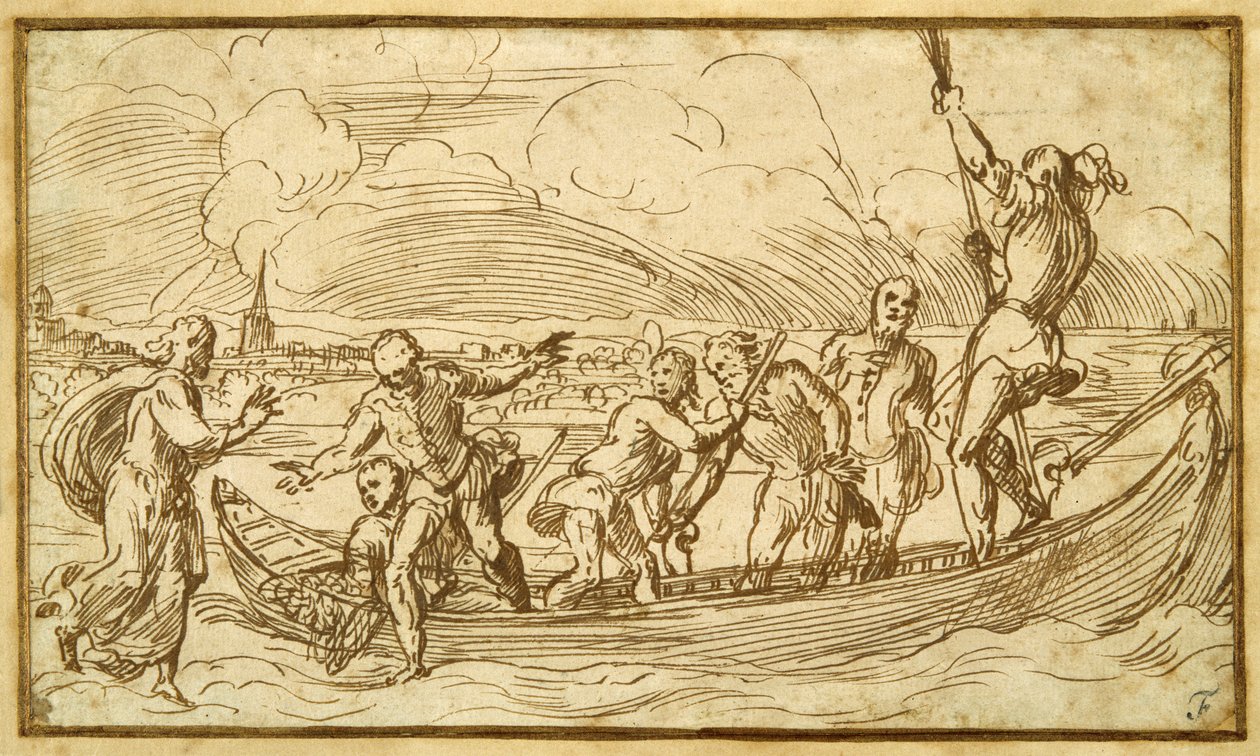 Cristo e São Pedro caminhando sobre a água (caneta e tinta marrom sobre papel) de Domenico Campagnola