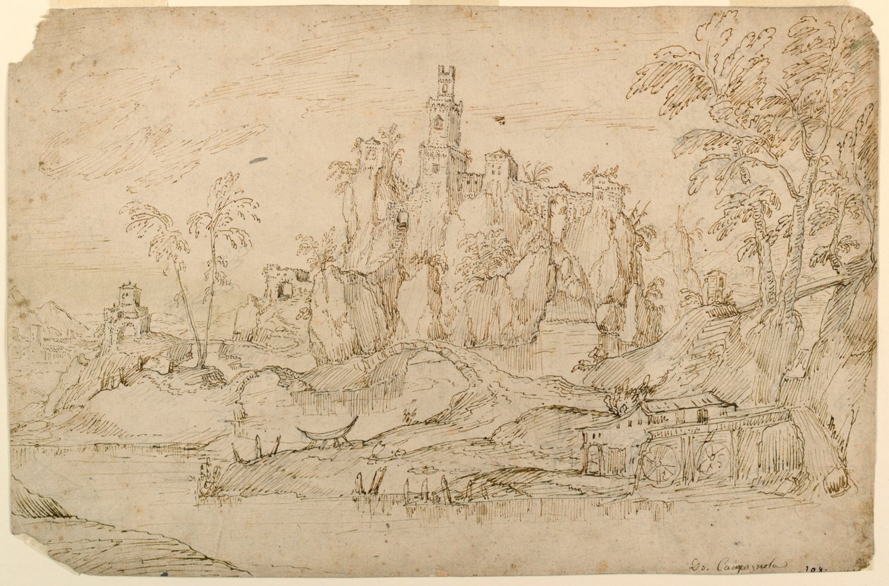 Paisagem de fantasia com moinho de água de Domenico Campagnola