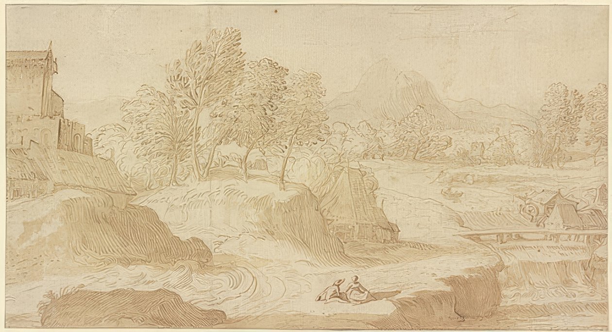 Paisagem figurativa, à direita, um rio com uma ponte perto de Mühlen, na frente de duas figuras sentadas de Domenico Campagnola
