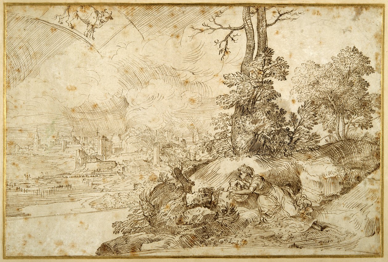 Paisagem com Astrologia (caneta e tinta castanha sobre papel) de Domenico Campagnola