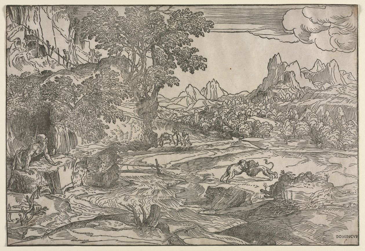 Paisagem com São Jerônimo e Dois Leões, c. 1530-35. de Domenico Campagnola