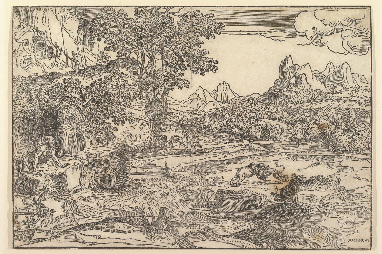 Paisagem com São Jerônimo à esquerda, olhando para o leão e urso lutando no centro ..., ca. 1530-35. de Domenico Campagnola