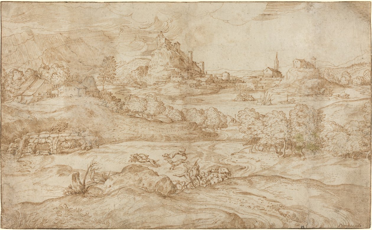 Paisagem com pastores afastando um lobo de Domenico Campagnola