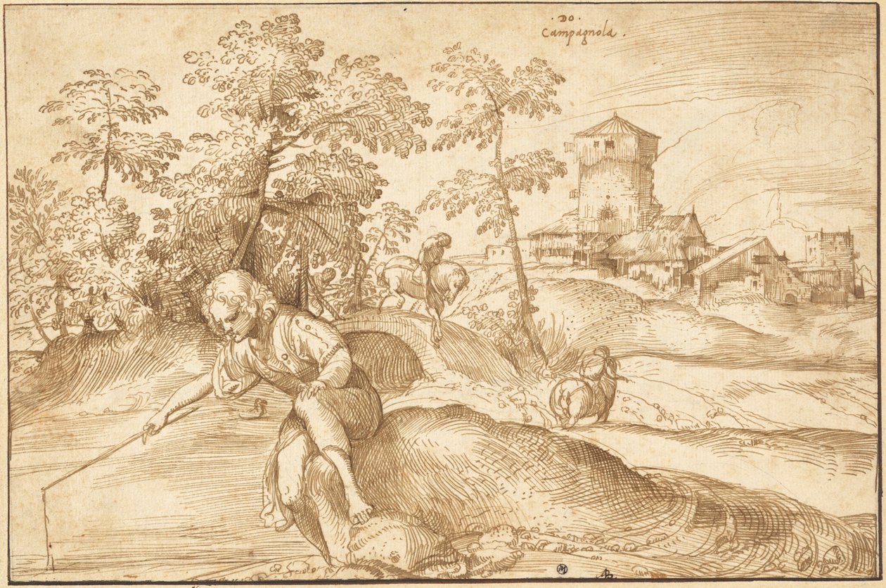 Paisagem com um menino pescando de Domenico Campagnola