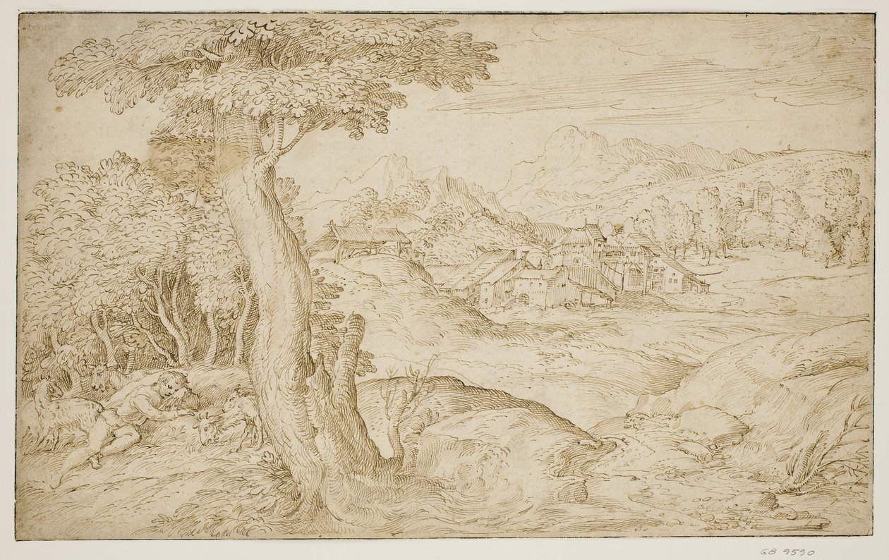 Paisagem com uma cidade e um pastor adormecido de Domenico Campagnola