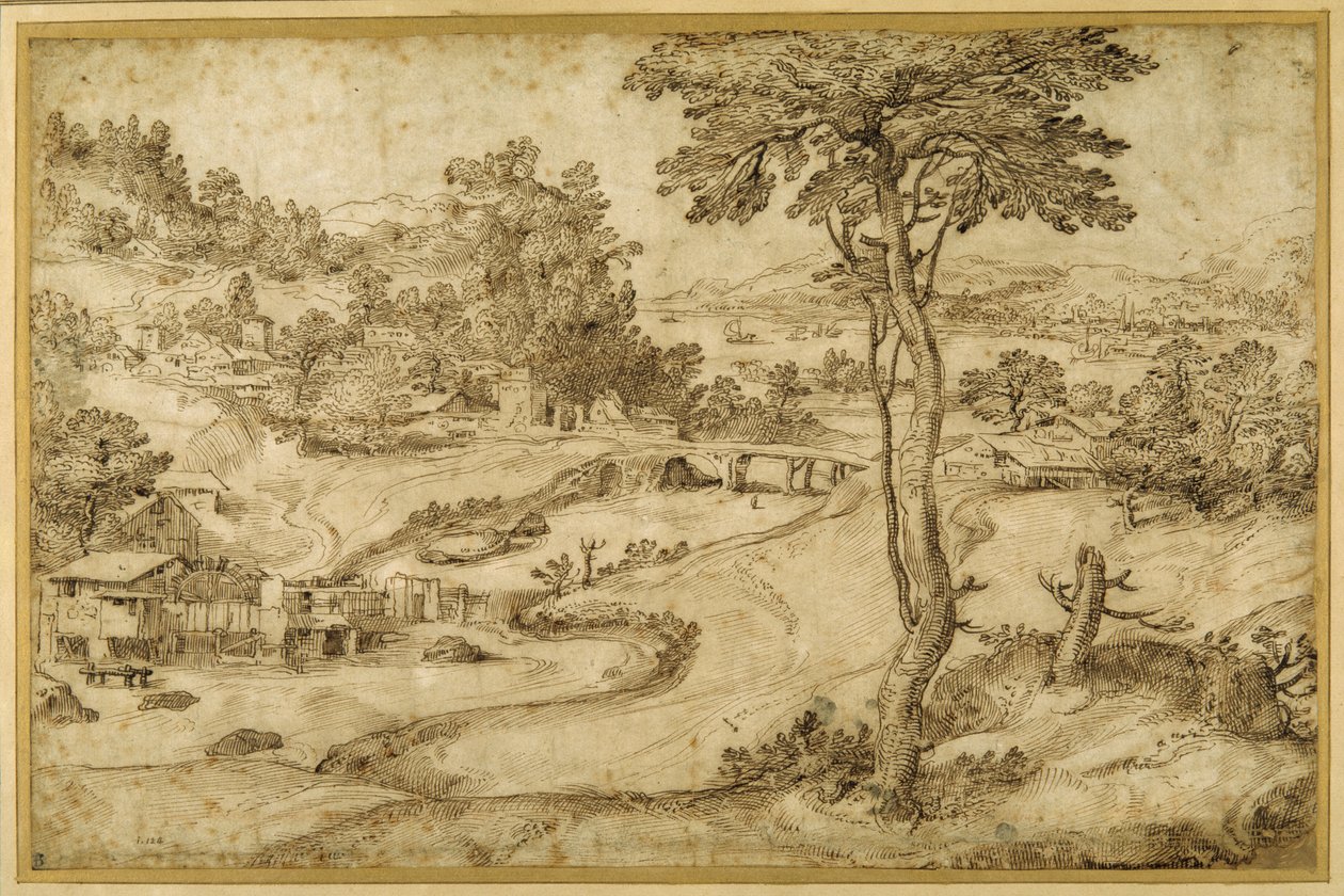 Paisagem com um rio sinuoso (caneta e tinta marrom sobre papel branco) de Domenico Campagnola