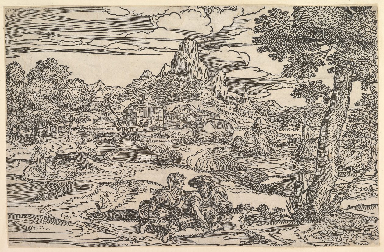 Paisagem com uma mulher sentada ao lado de um homem jogando um hurdy-gurdy, ca. 1540 de Domenico Campagnola