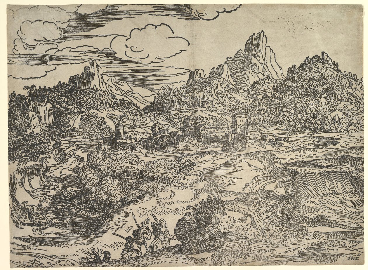 Paisagem com a família caminhando juntos em primeiro plano, à esquerda duas figuras com ..., ca. 1535-40. de Domenico Campagnola