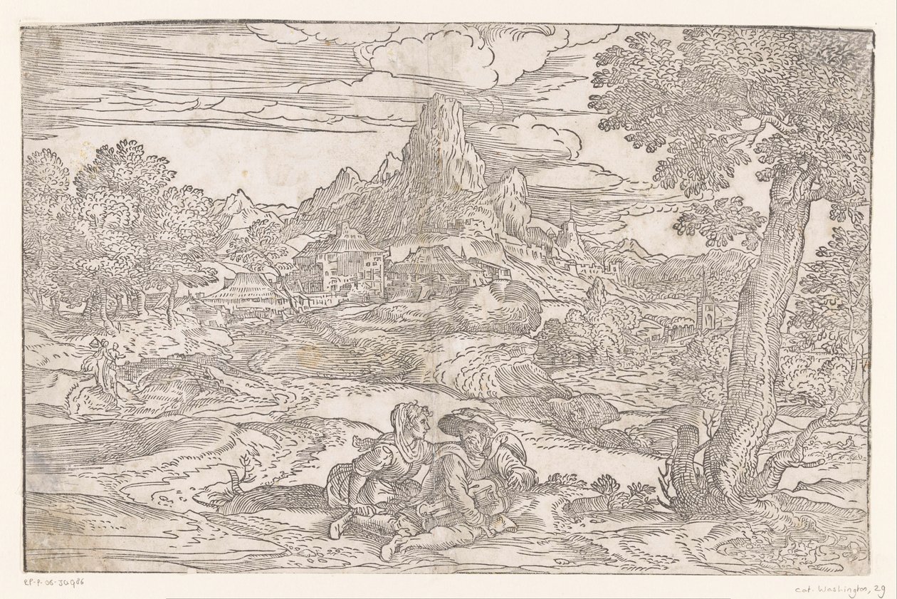 Paisagem com casal a segurar um hurdy-gurdy de Domenico Campagnola
