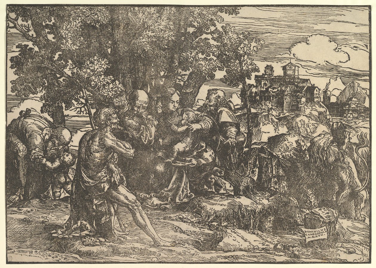 Maria sentada sob as árvores com o bebê, ladeada por José à esquerda e São Jerônimo à direita, São..., 1517. de Domenico Campagnola