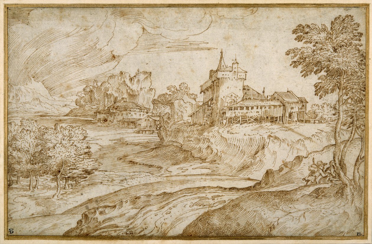 Paisagem montanhosa com um castelo e outros edifícios junto a um rio; um homem apressando uma mulher, à direita, c.1540 (caneta e tinta castanha sobre papel branco) de Domenico Campagnola