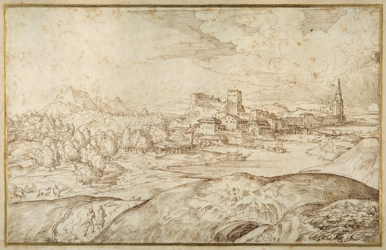Paisagem montanhosa com um rio, e uma cidade fortificada com uma torre espiada (caneta e tinta castanha sobre papel branco) de Domenico Campagnola