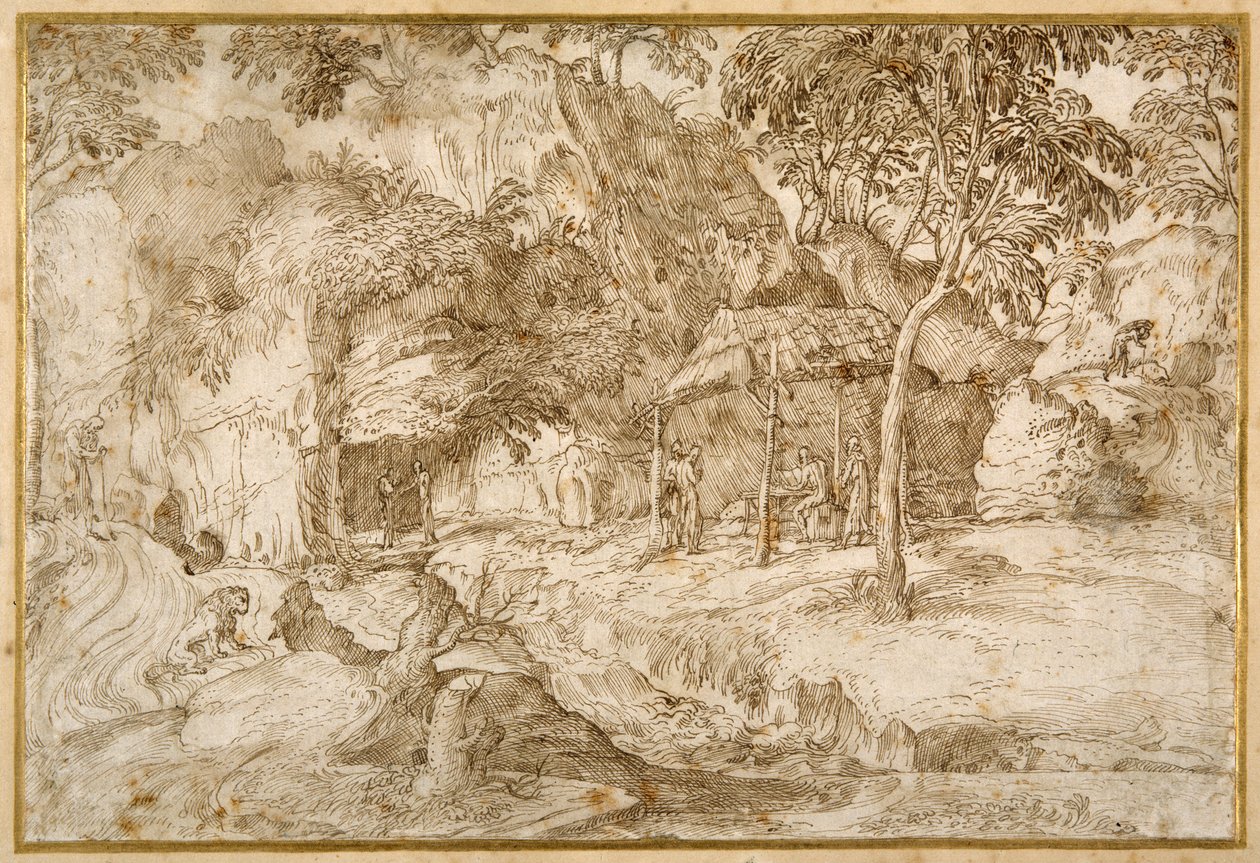 Peregrinos visitando São Jerônimo no deserto (caneta e tinta marrom sobre papel branco) de Domenico Campagnola