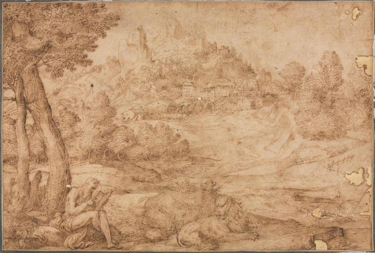 São Jerônimo em uma Paisagem, c. 1530 de Domenico Campagnola