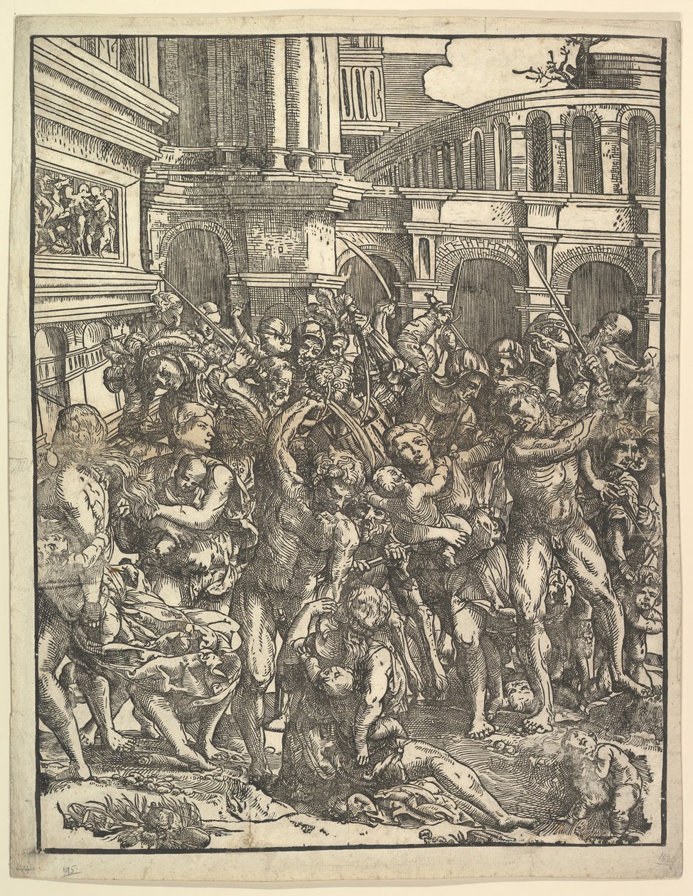 O Massacre dos Inocentes Lado direito com um grupo de figuras masculinas atacando mulheres e ..., 1517. de Domenico Campagnola