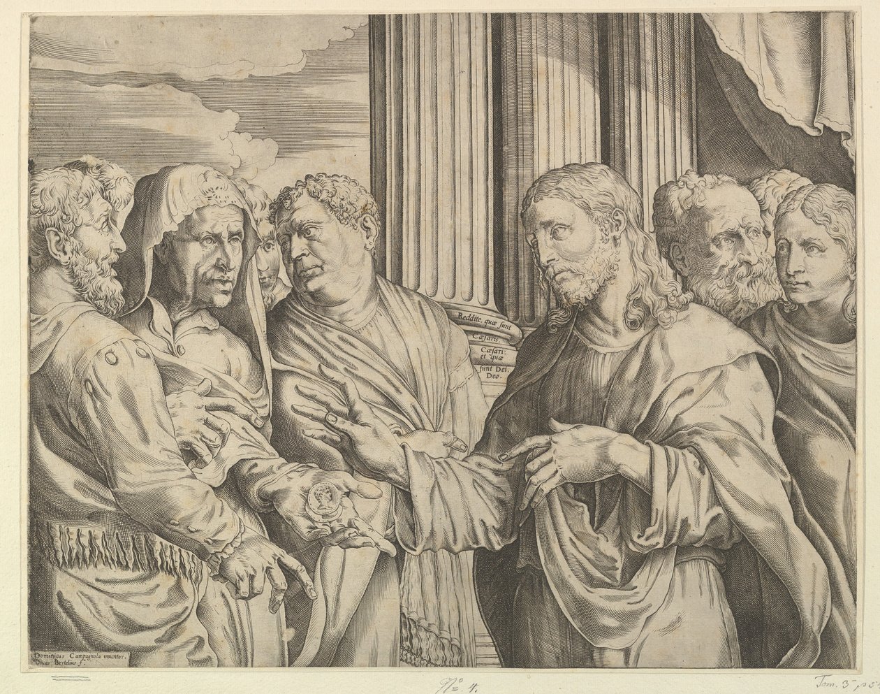 O dinheiro triubuto: Cristo no centro, à direita, gesticulando para o homem à sua esquerda com moedas ..., ca. 1564-89. de Domenico Campagnola