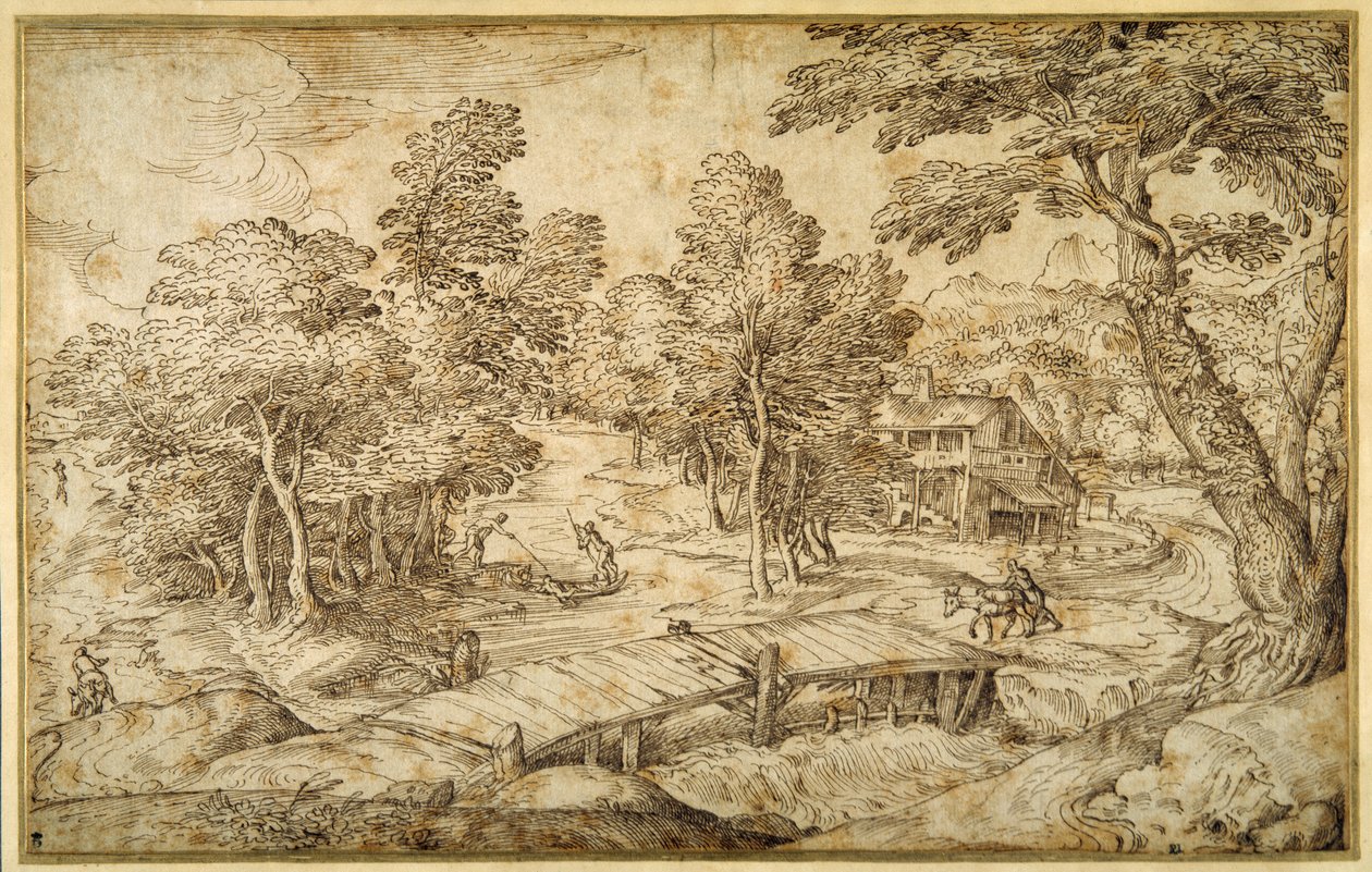 Paisagem arborizada, com uma roça e uma ponte de madeira sobre uma comporta (caneta e tinta castanha sobre papel) de Domenico Campagnola