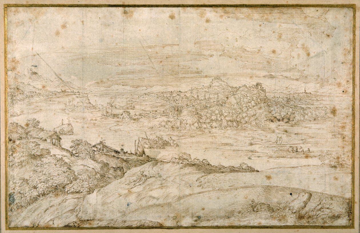 Paisagem arborizada com um rio sinuoso; ao longe uma cidade, uma mistura de pináculos e cúpulas com ruínas antigas (caneta e tinta marrom sobre papel branco) de Domenico Campagnola
