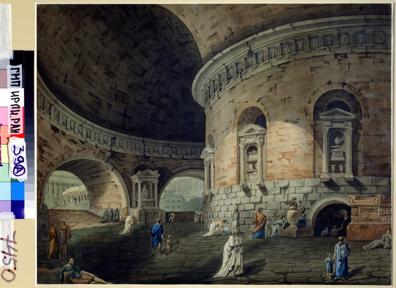 Cenografia para uma peça. Desenho de palco para uma peça de teatro. Pintura de Domenico Corsini (1812-1873), início do século XIX. arte italiana. Aquarela sobre papel. Arquivo do Estado Russo de Literatura e Arte, Moscou de Domenico Corsini