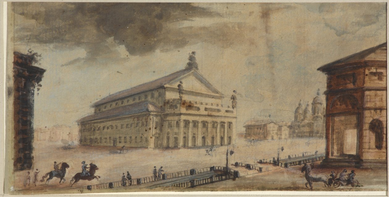 O Teatro São Petersburgo Imperial Bolshoi Kamenny - Domenico Felice Lamoni (1745-1830). Aquarela e cor branca sobre papel, antes de 1783. Museu Estadual de História de São Petersburgo de Domenico Felice Lamoni