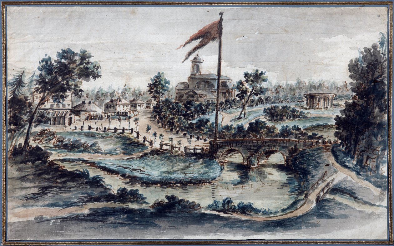 Vista do Parque Pavlovsk com o Hospital de Santa Maria Madalena, c.1783 (wc no papel) de Domenico Felice Lamoni