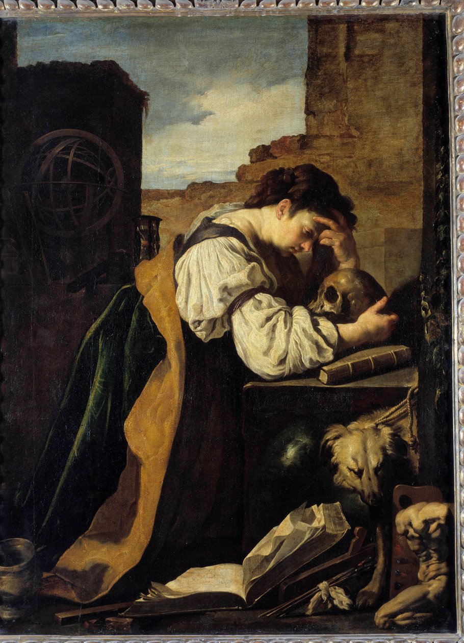 Melancolia Uma jovem triste mulher se dobra sobre a cabeça de um crânio, uma esfera armilar atrás dela. Pintura (Vanity) de Domenico Feti (1589-1624) Sol. 1,71x1,28 m. de Domenico Feti