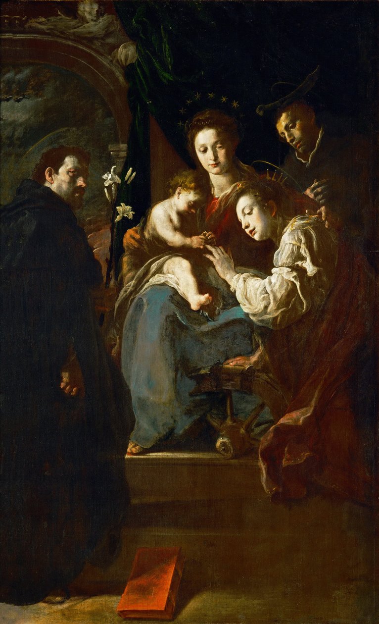 Barroco : Le mariage mystique de Sainte Catherine, avec Saint Dominique et Saint Pierre martyr - The Mystical Marriage of Saint Catherine with Saints Dominic and Peter Martyr par Fetti, Domenico (1588/90-1623) de Domenico Fetti or Feti