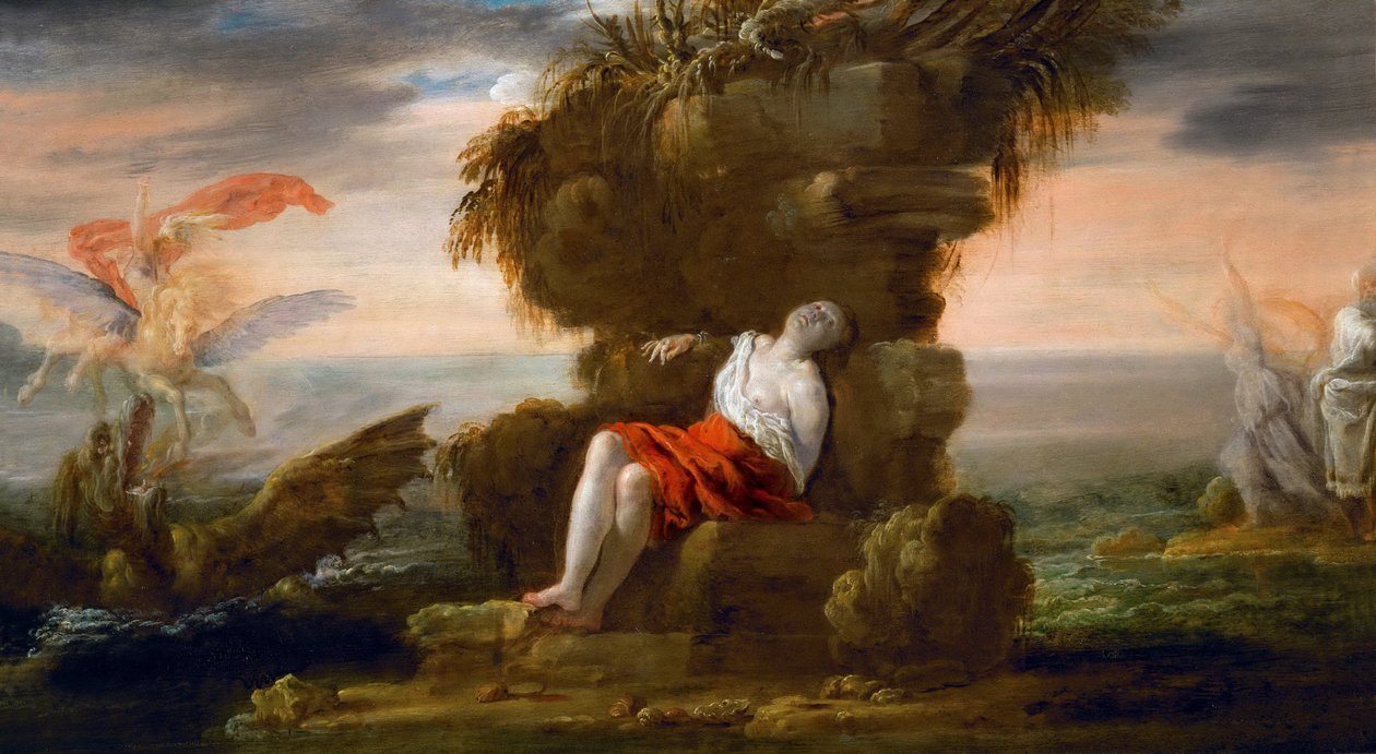 Barroco : Persee liberant Andromede - Perseus Freeing Andromeda par Fetti, Domenico (1588/90-1623), c. 1621. Óleo sobre madeira, 40,5x72,5. Museu de História de Arte, Vienne de Domenico Fetti or Feti