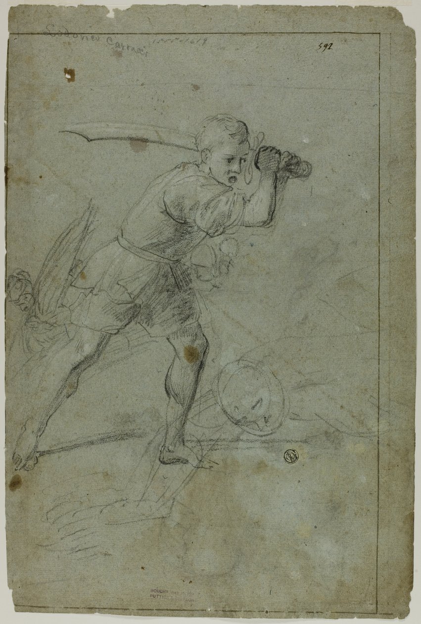 David Decapitando Golias (reto); Esboço da figura feminina drapeada com o braço direito levantado acima da cabeça (verso) de Domenico Fiasella