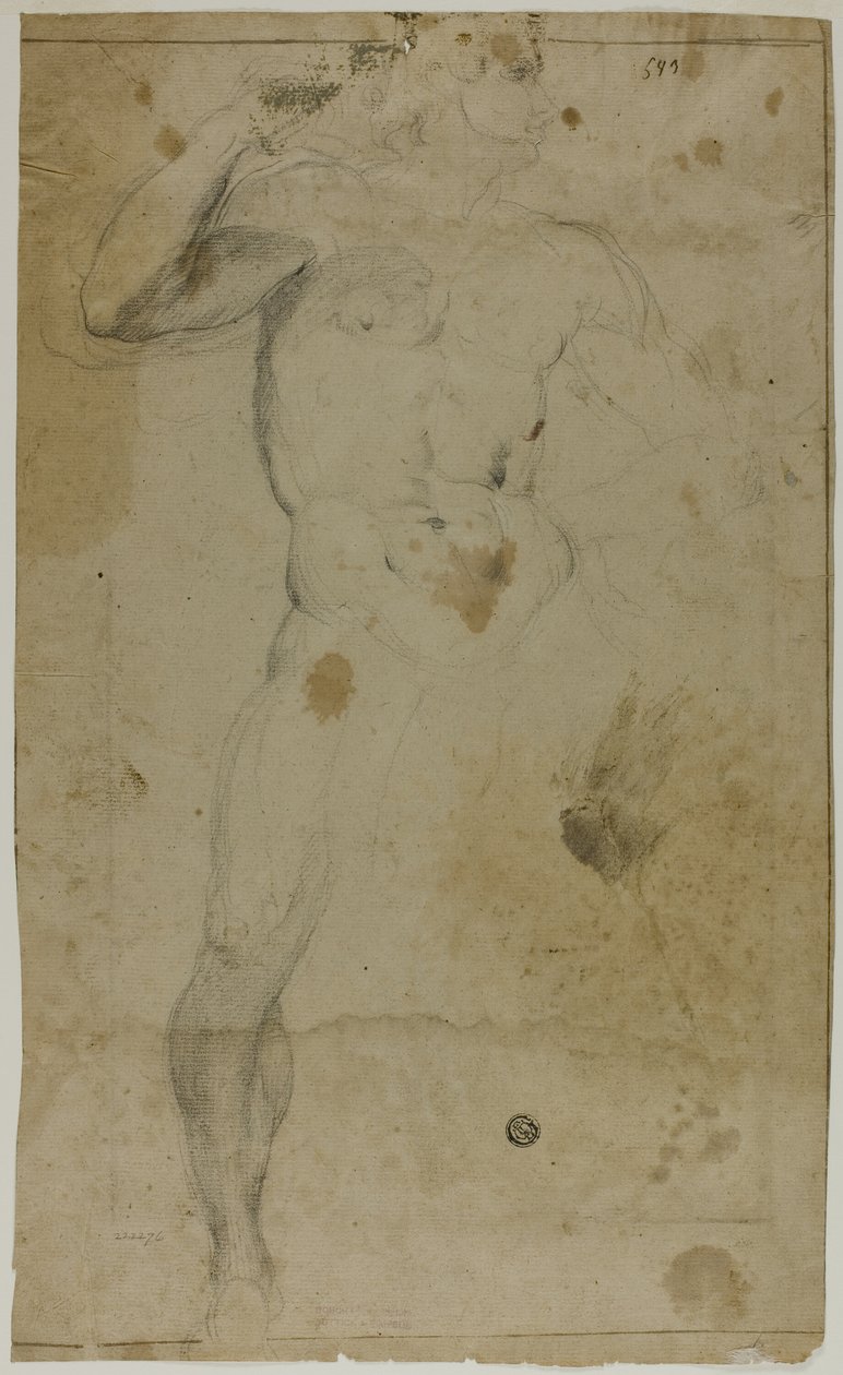 Nu Masculino em Pé (reto); Duas figuras masculinas de meio comprimento, uma com o braço levantado, a outra orando (verso) de Domenico Fiasella