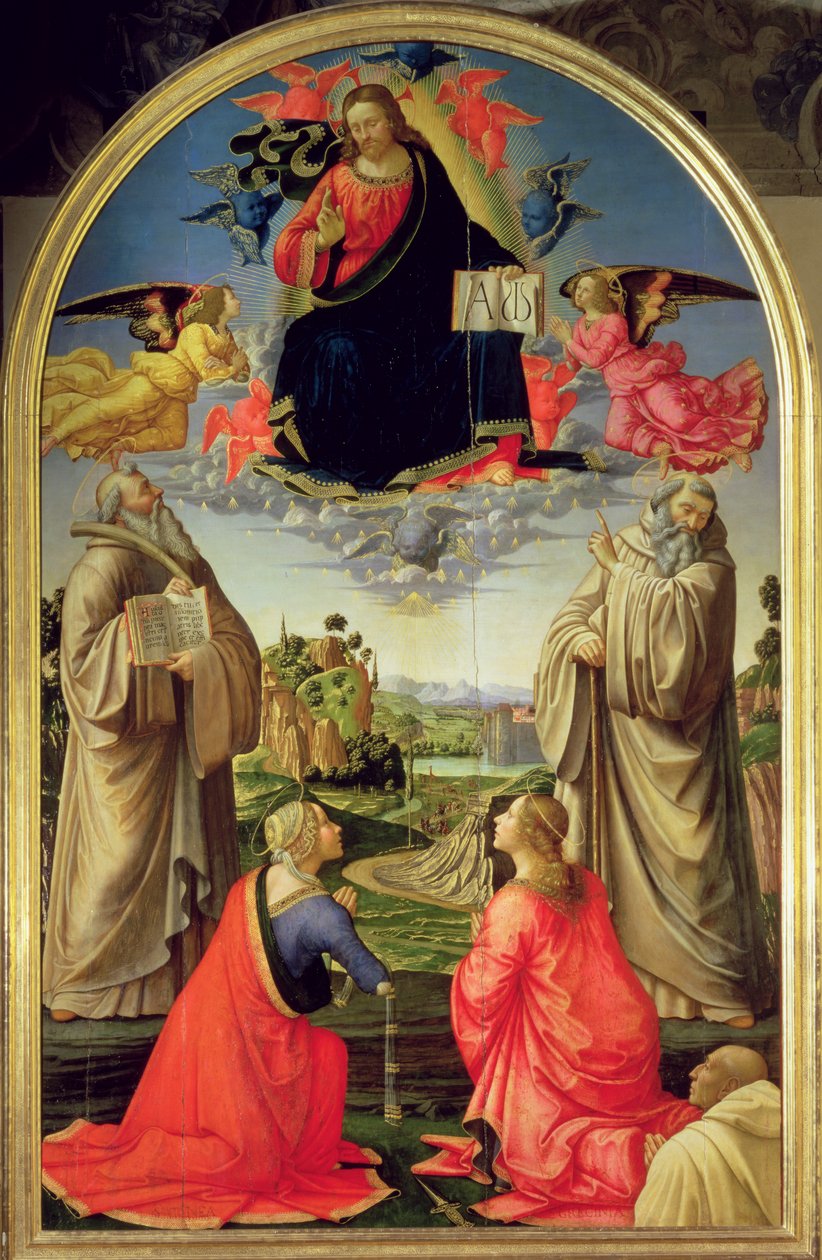 Cristo em Glória com São Bento (c.480-547), São Romualdo (c. 952-1027), Santa Átria, Santa Grecinia e o doador, abade Buonvicini, 1492 (painel) (para detalhes ver 85138) de Domenico Ghirlandaio