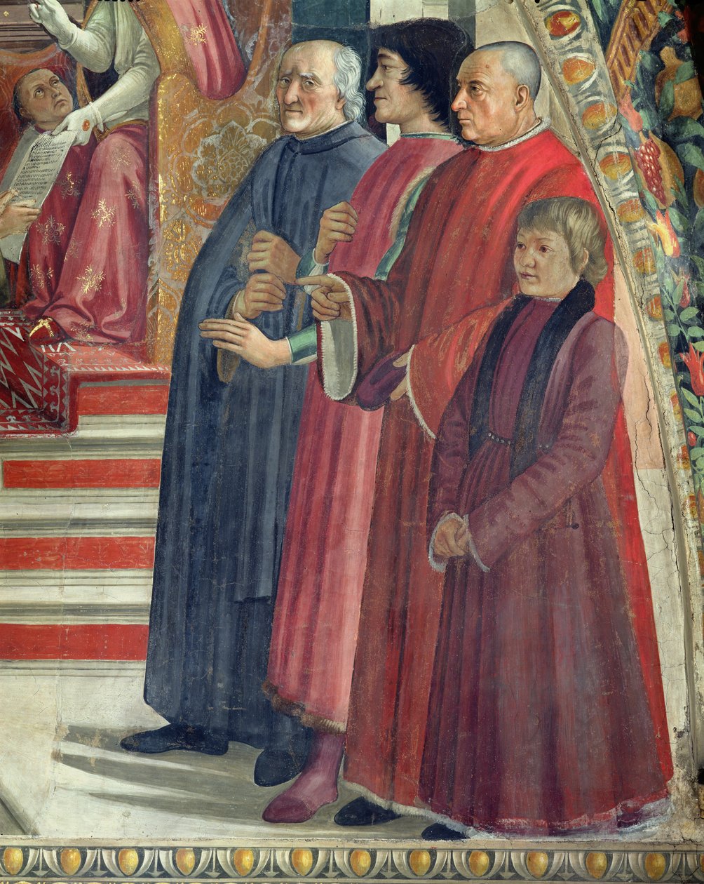 Detalhe de São Francisco recebendo a Regra da Ordem do Papa Honório, cena do ciclo da Vida de São Francisco de Assis, 1486 (detalhe de 85235) de Domenico Ghirlandaio