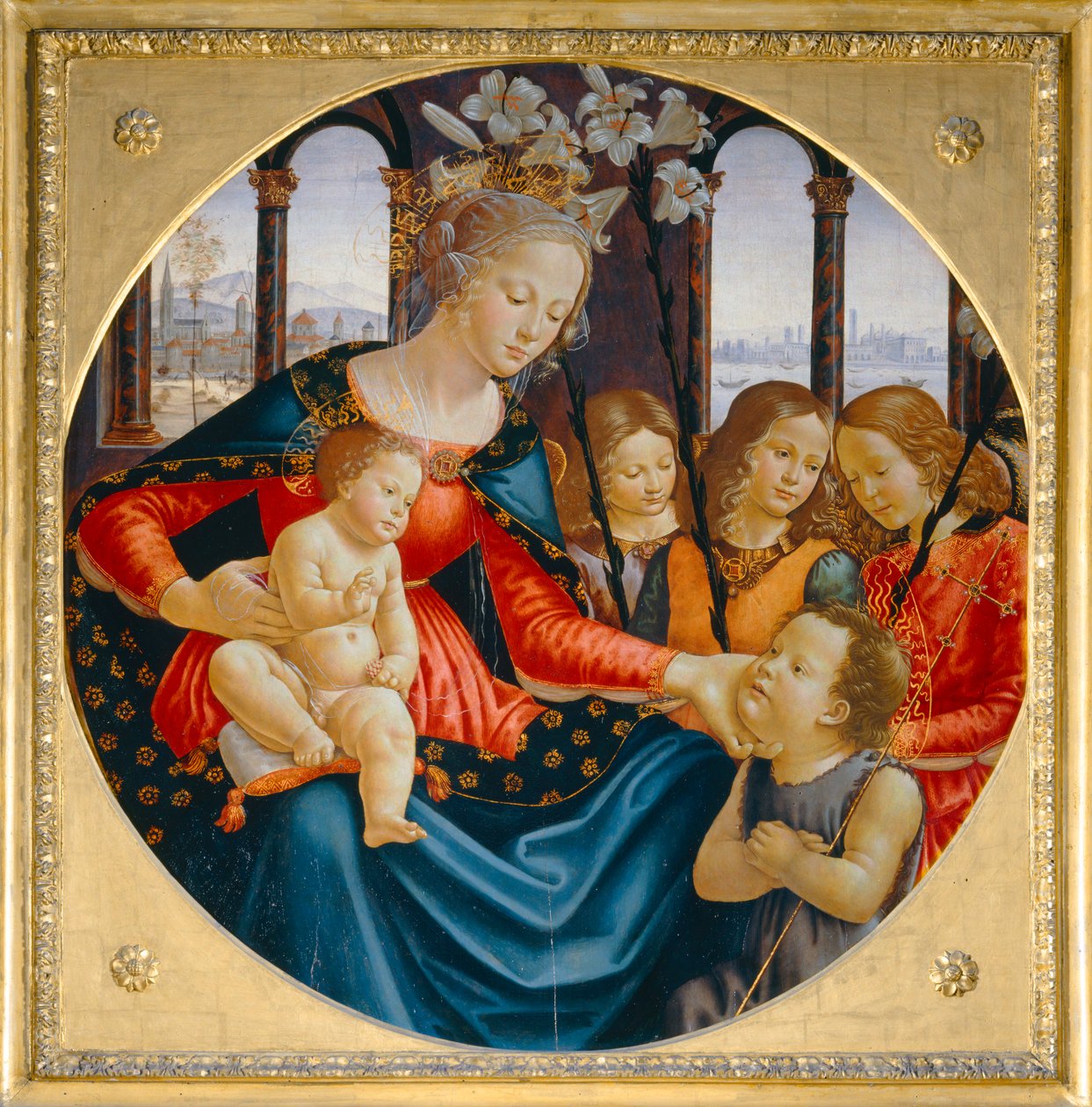 A Virgem e o Menino com o jovem João Batista e três anjos ... de Domenico Ghirlandaio