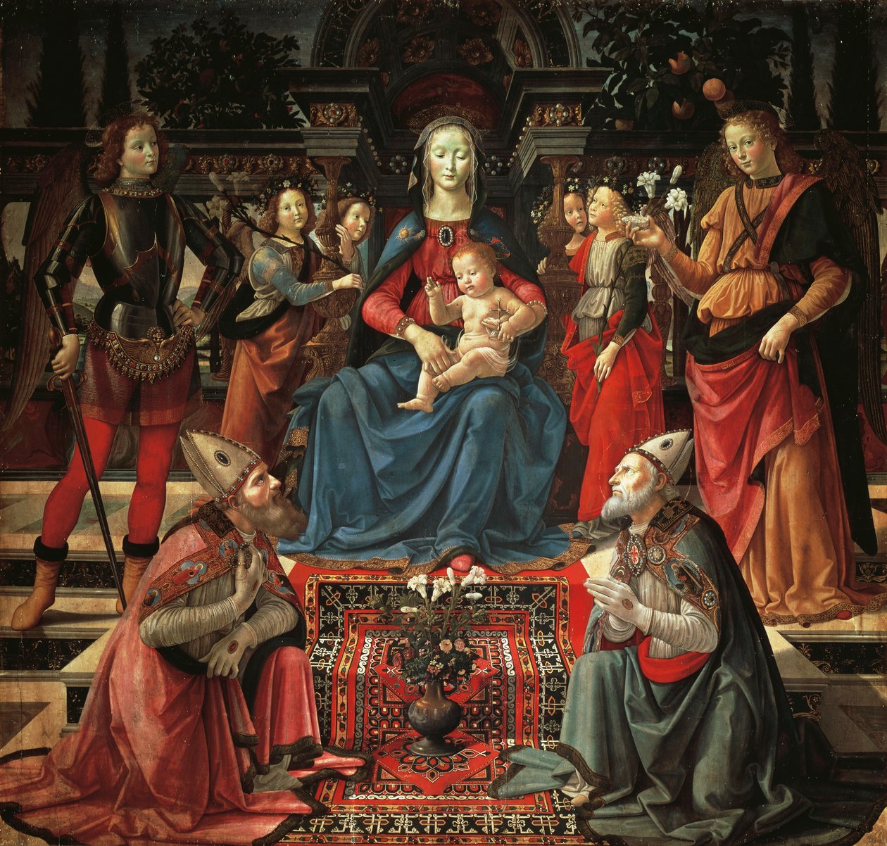 Madonna e Criança Entronizada, São Zenobius, São Justos, São Miguel Arcanjo e São Rafael Arcanjo, ca. 1483, de Domenico Ghirlandaio (1449-1494), tempera sobre madeira de Domenico Ghirlandaio