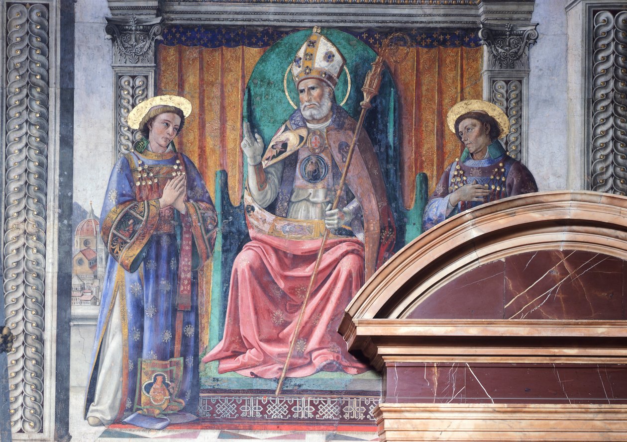 Santo Zenobius, bispo e protector de Florença, entre Santos Eugénio e Crescenzio e Marzocco,o leão, símbolo da cidade por Domenico Ghirlandaio (1449-1494), fresco, detalhe, Palazzo Vecchio, Sala dos lírios (Sala dei Gigli), Florença de Domenico Ghirlandaio