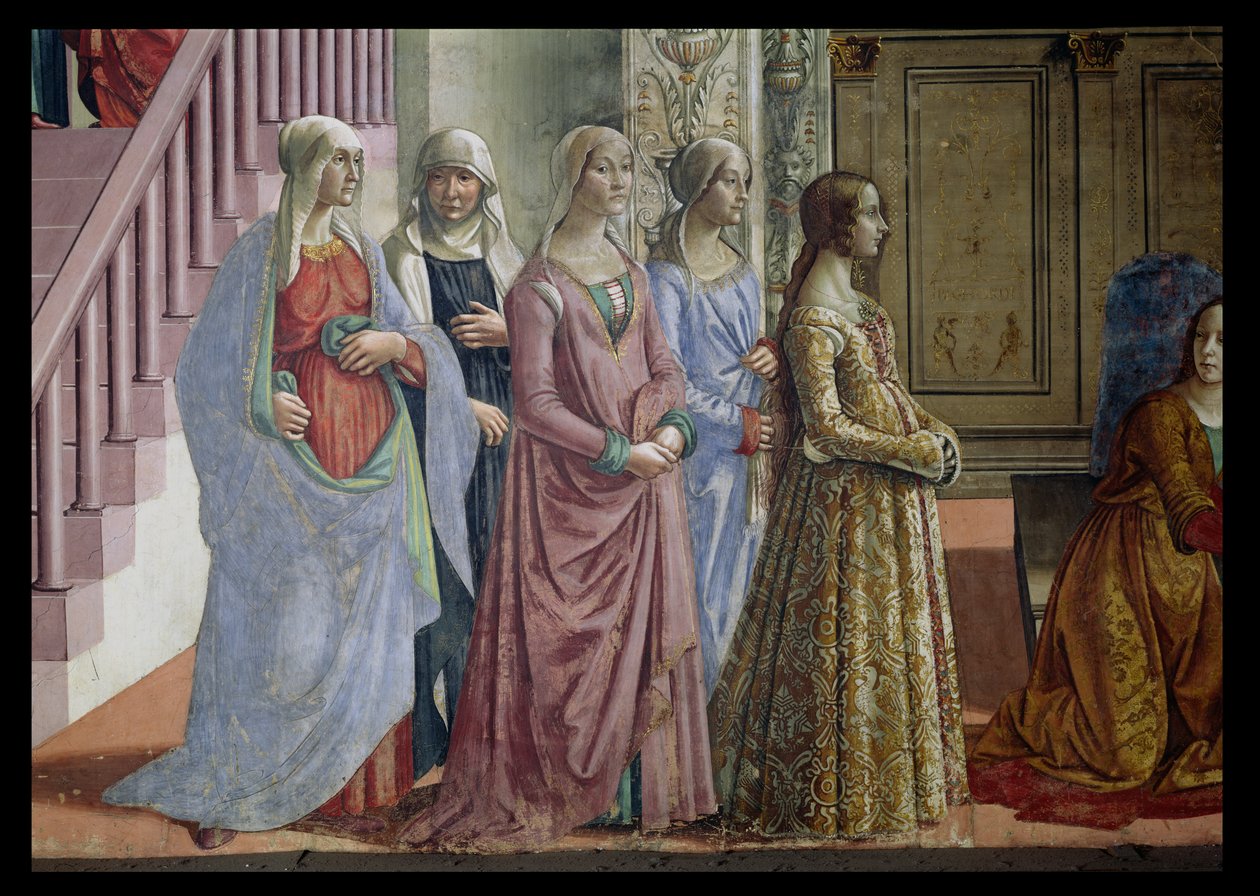 O Nascimento da Virgem, detalhe das mulheres, detalhe de 1490 afrescos de 60456 de Domenico Ghirlandaio