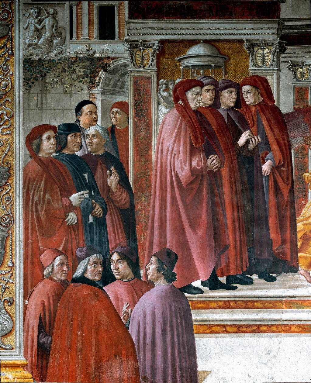 O anúncio feito em Zacchariah (Zaccharia) Abaixo à esquerda estão pensadores e intelectuais Marsile Ficin (Ficino), Cristoforo Landino, Angelo Poliziano e Demetrios Chalkondyles (Calcondila). Detalhe. Fresco por Domenico di Tommaso Bigordi dit Ghirlandaio  de Domenico Ghirlandaio