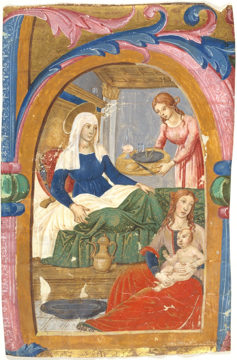 O nascimento da Virgem em uma inicial H de Domenico Ghirlandaio