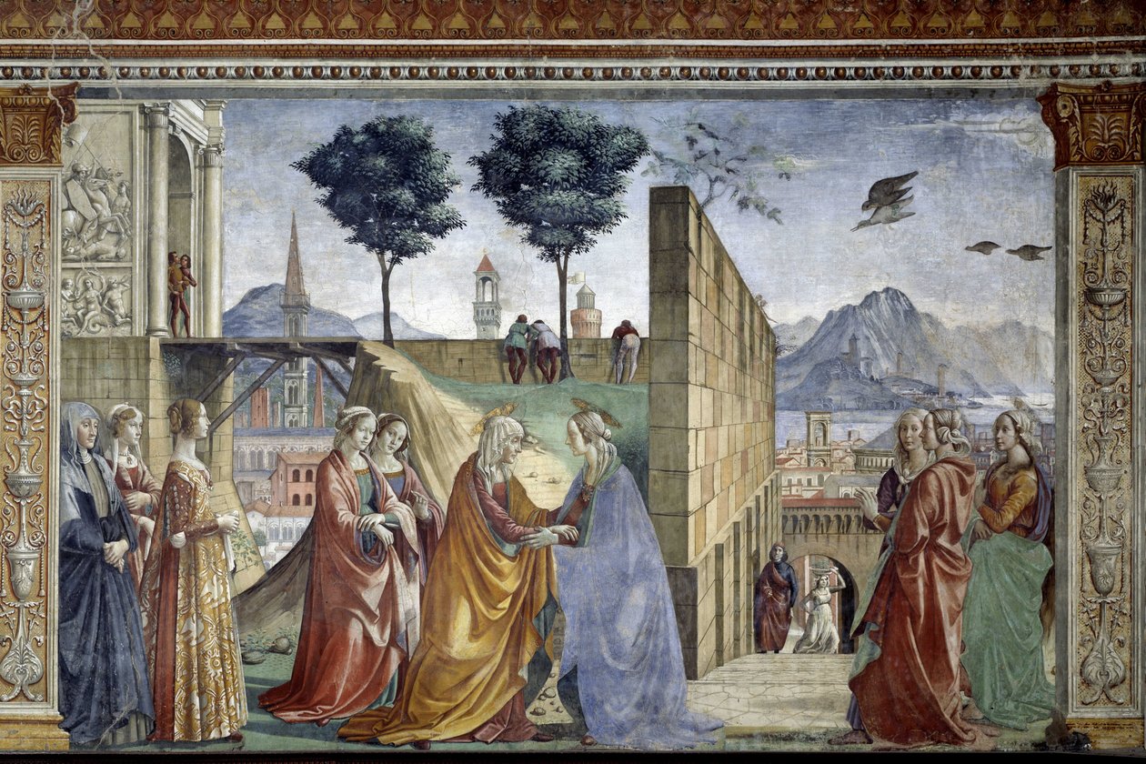 A história de São João Batista: A Visitação. Fresco de Domenico Ghirlandaio (1449-1494) de Domenico Ghirlandaio